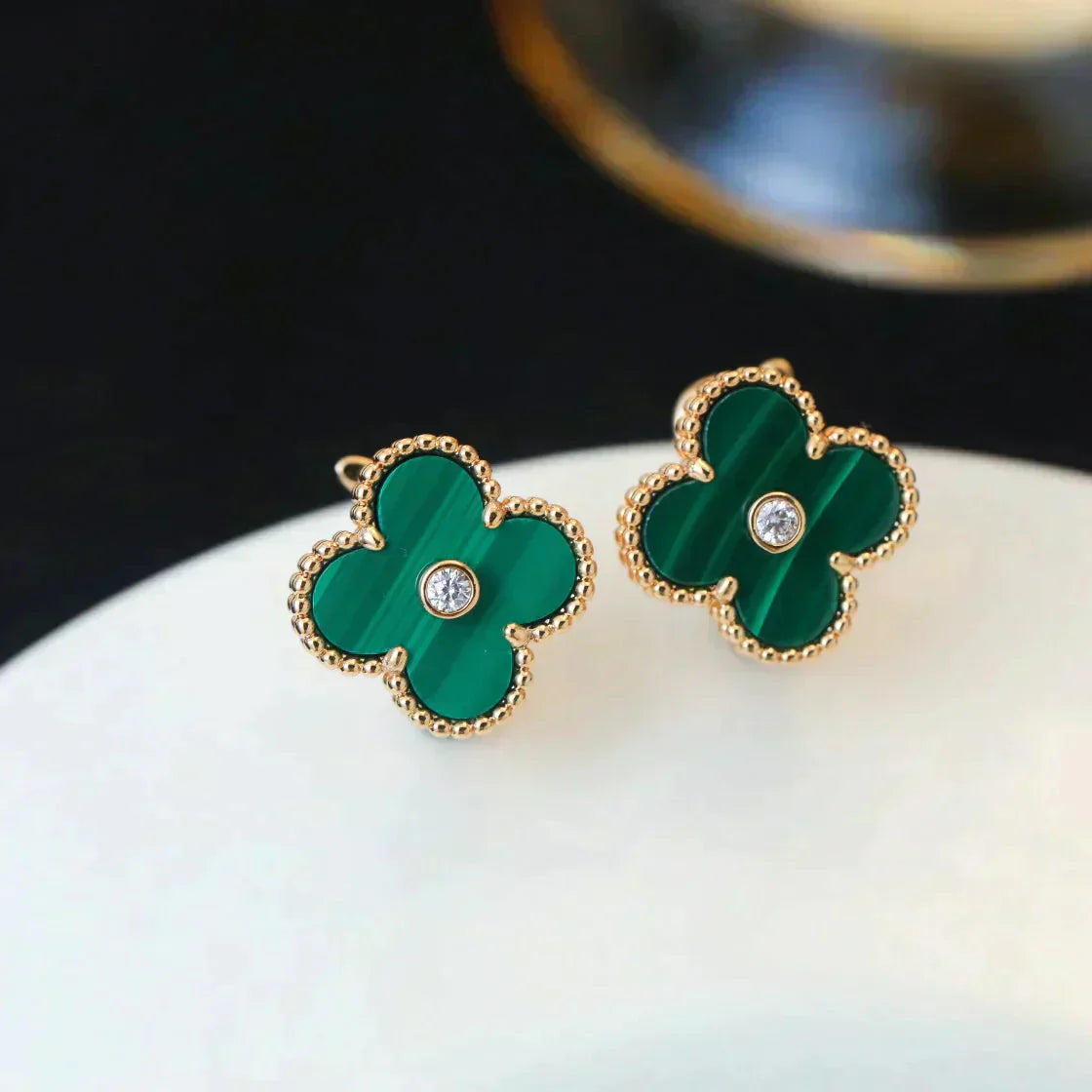[Lunabriance]CLOVER MEDIUM 1 MOTIFS MALACHITE DIAMOND EARRINGS