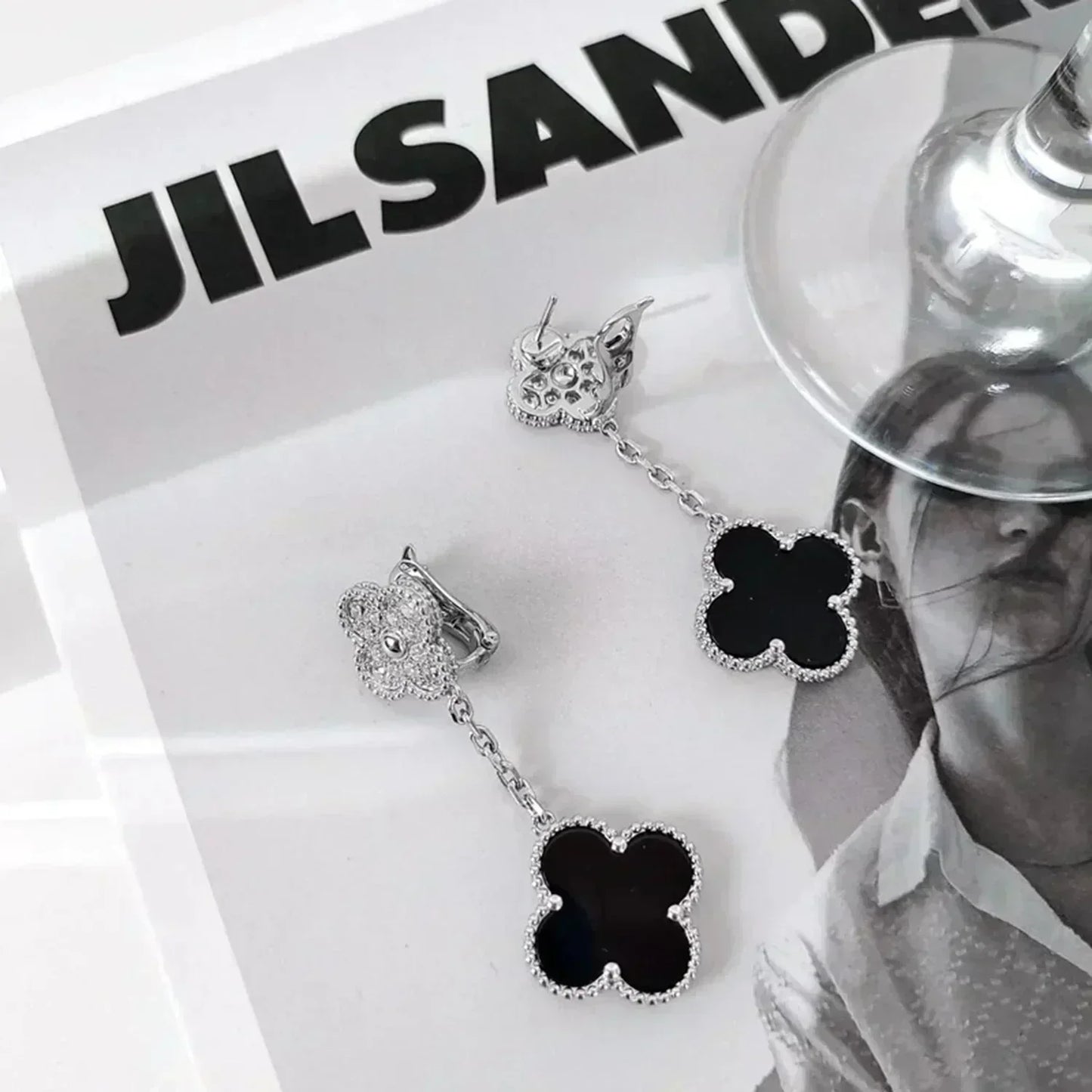 [Lunabriance]CLOVER 2 MOTIFS  DIAMOND ONYX EARRINGS SILVER