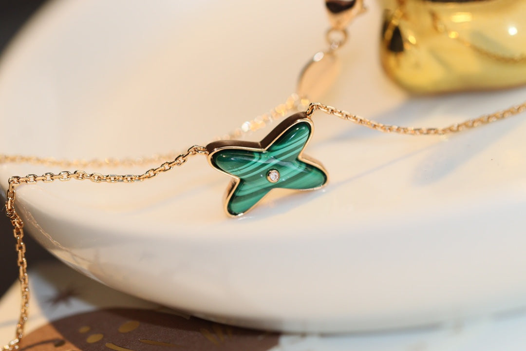 [Lunabriance]JEUX MALACHITE 1 DIAMOND PINK GOLD NECKLACE