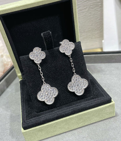 [Lunabriance]CLOVER 2 MOTIFS DIAMOND PAVED SILVER EARRINGS