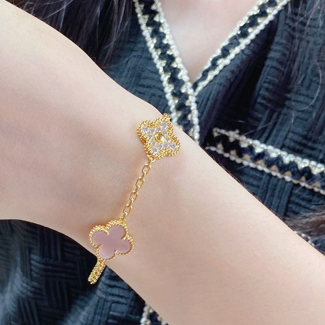 [Lunabriance]CLOVER 5 MOTIF DIAMOND PINK MOP PINK GOLD BRACELET