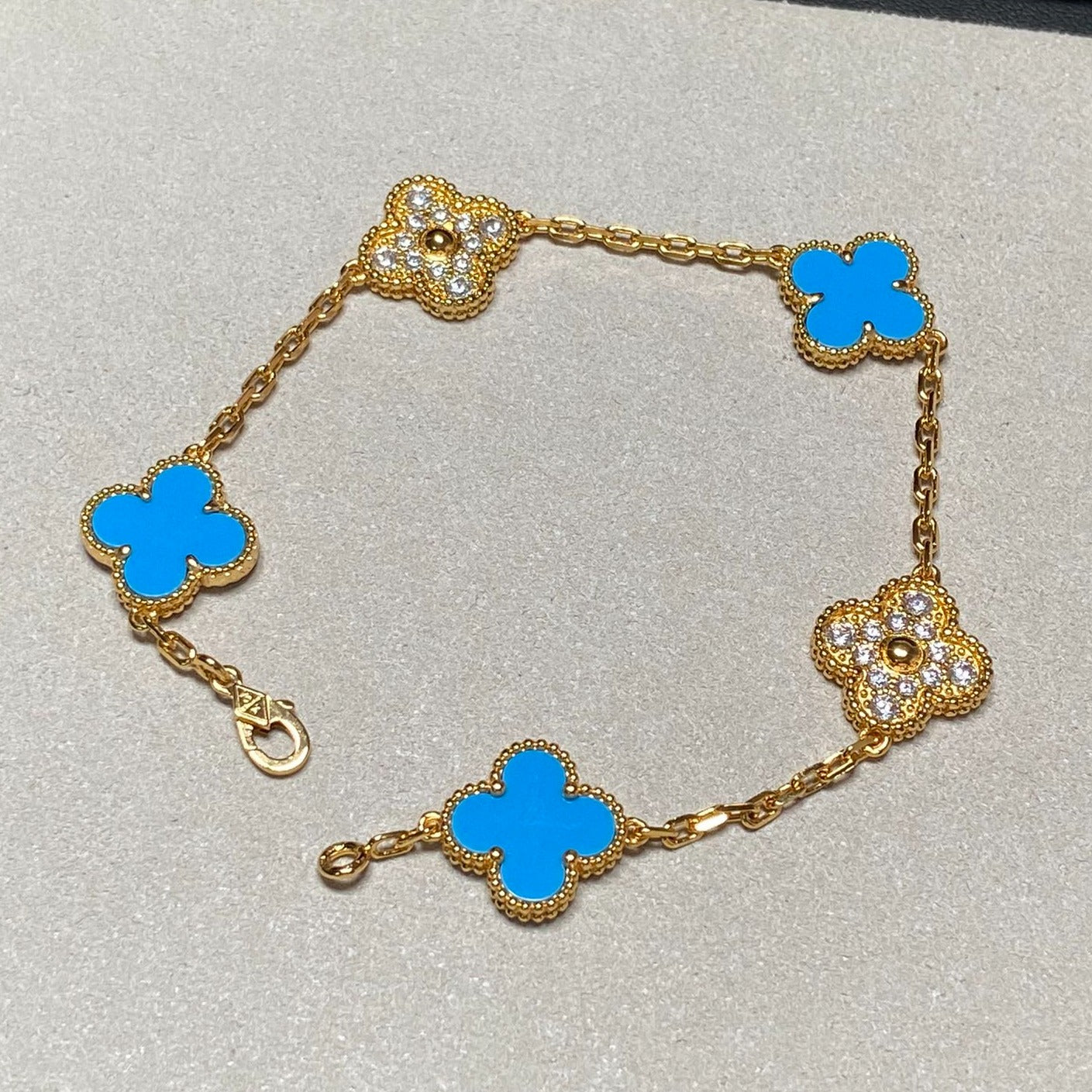 [Lunabriance]CLOVER 5 MOTIF BLUE CHALCEDONY DIAMOND GOLD BRACELET