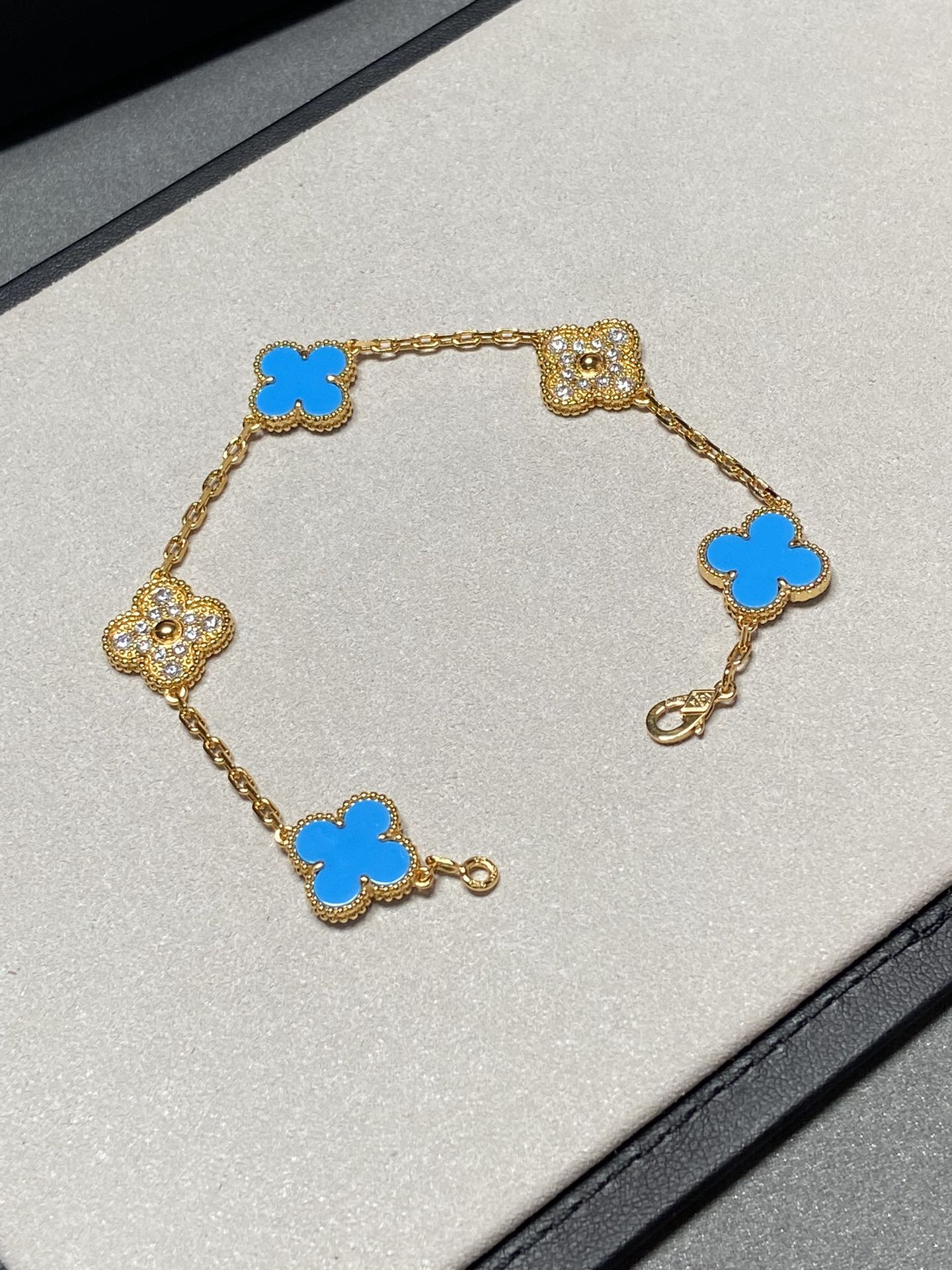 [Lunabriance]CLOVER 5 MOTIF BLUE CHALCEDONY DIAMOND GOLD BRACELET