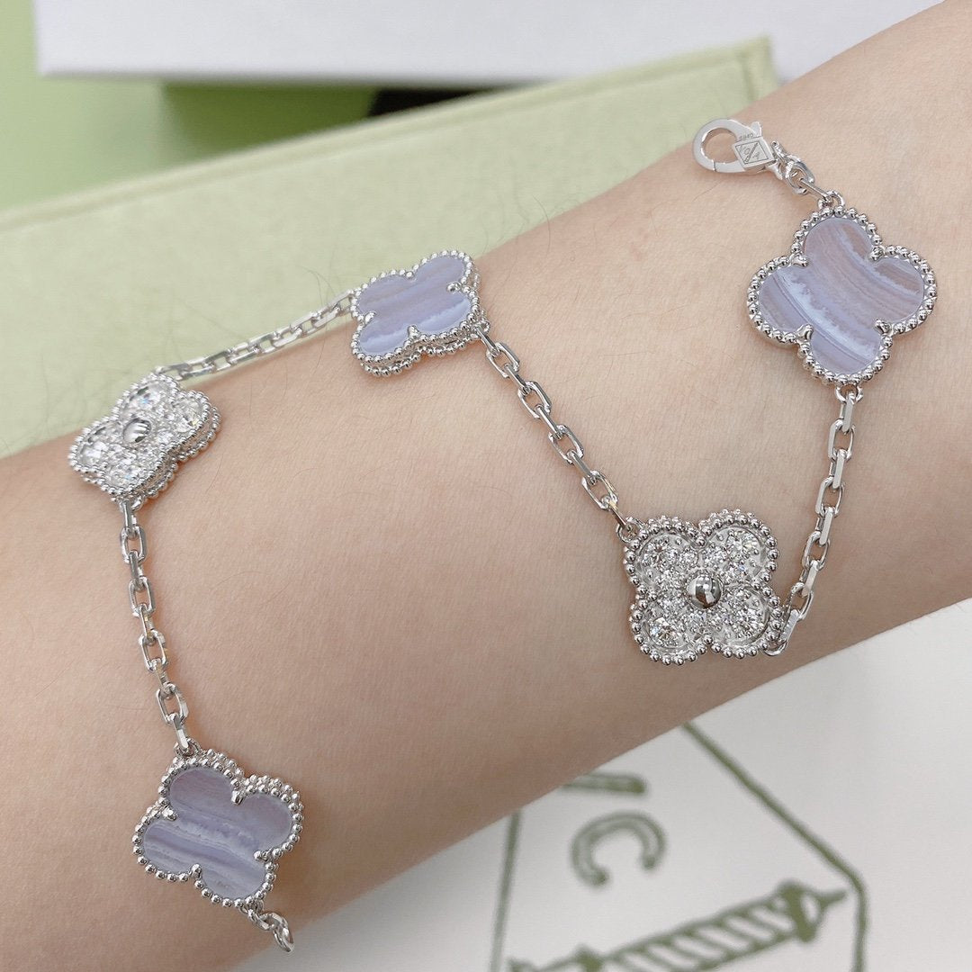 [Lunabriance]CLOVER  5 MOTIF DIAMOND PURPLE CHALCEDONY BRACELET SILVER
