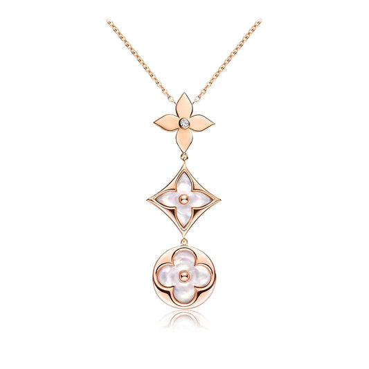 [Lunabriance]COLOR BLOSSOM LARIAT NECKLACE PINK GOLD WHITE MOTHER PEARL AND DIAMOND