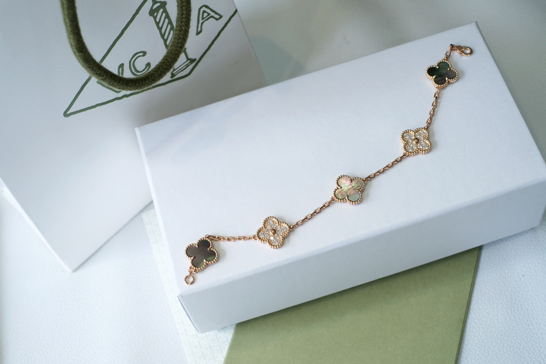 [Lunabriance]CLOVER 5 MOTIFS DARK MOP AND DIAMONDS PINK GOLD BRACELET