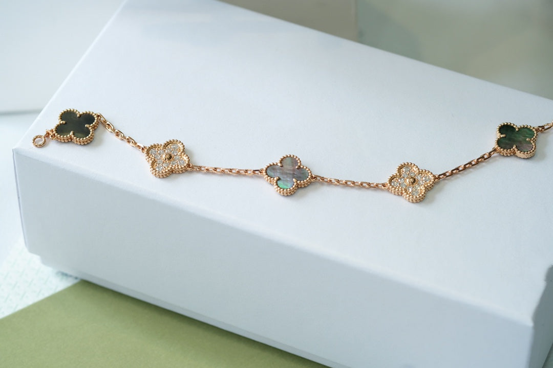 [Lunabriance]CLOVER 5 MOTIFS DARK MOP AND DIAMONDS PINK GOLD BRACELET